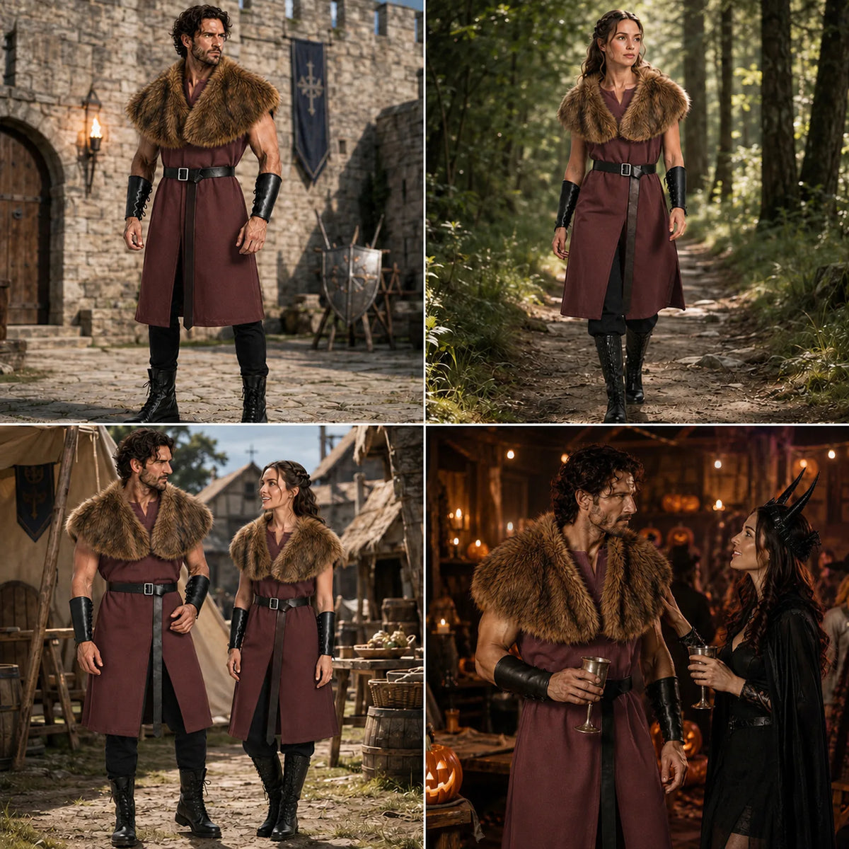 Four scenes of brown medieval fur shawl costume worn in a village, forest path, tavern and festival gathering
