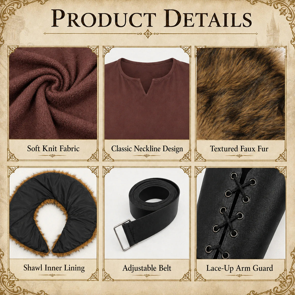 Close-up details of brown costume: soft knit fabric, classic V neckline, textured faux fur, shawl lining, belt and arm guard