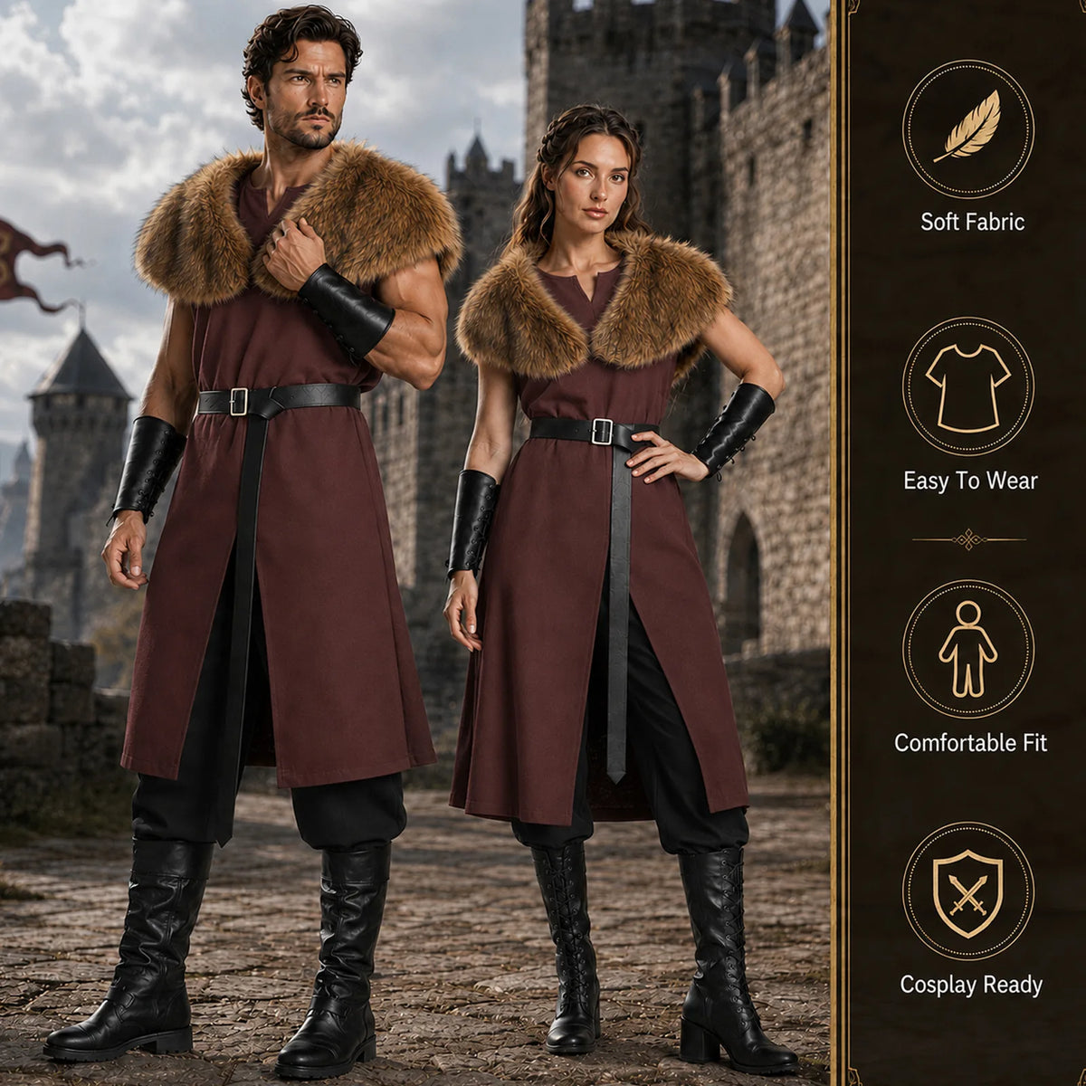 Couple in burgundy brown medieval warrior costumes with fur shawls at castle entrance, icons noting comfortable cosplay fit