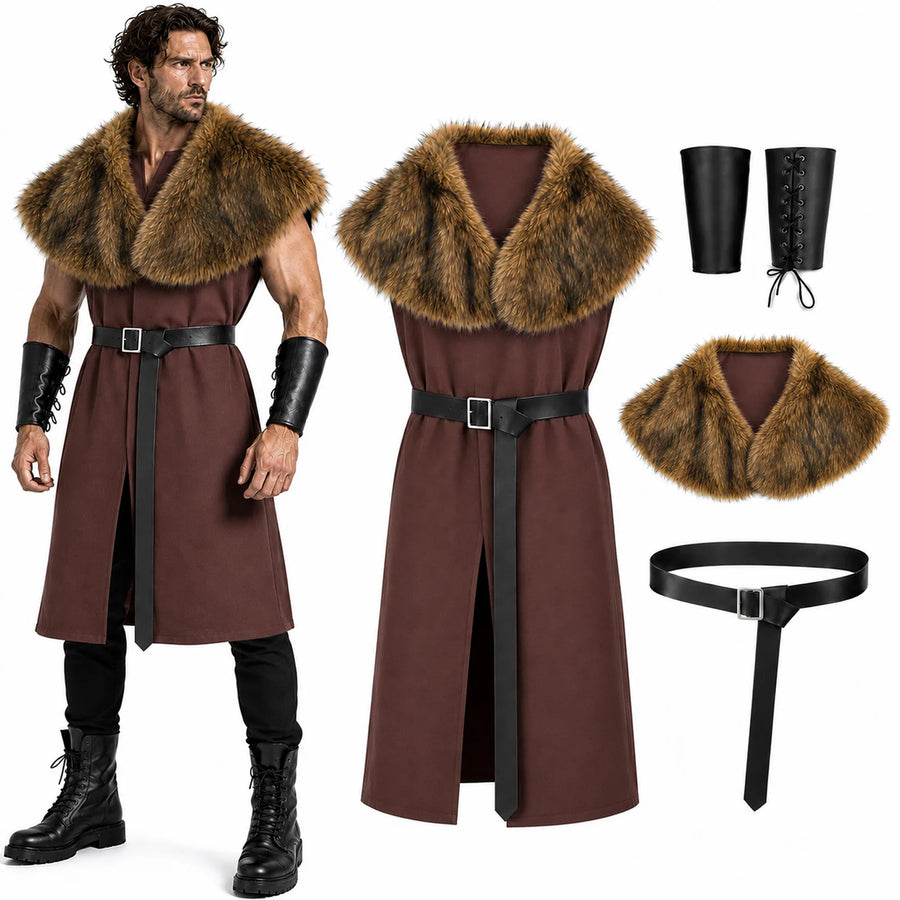 Brown Viking costume set pieces together: burgundy split tunic, faux fur shawl, adjustable black belt and two arm guards