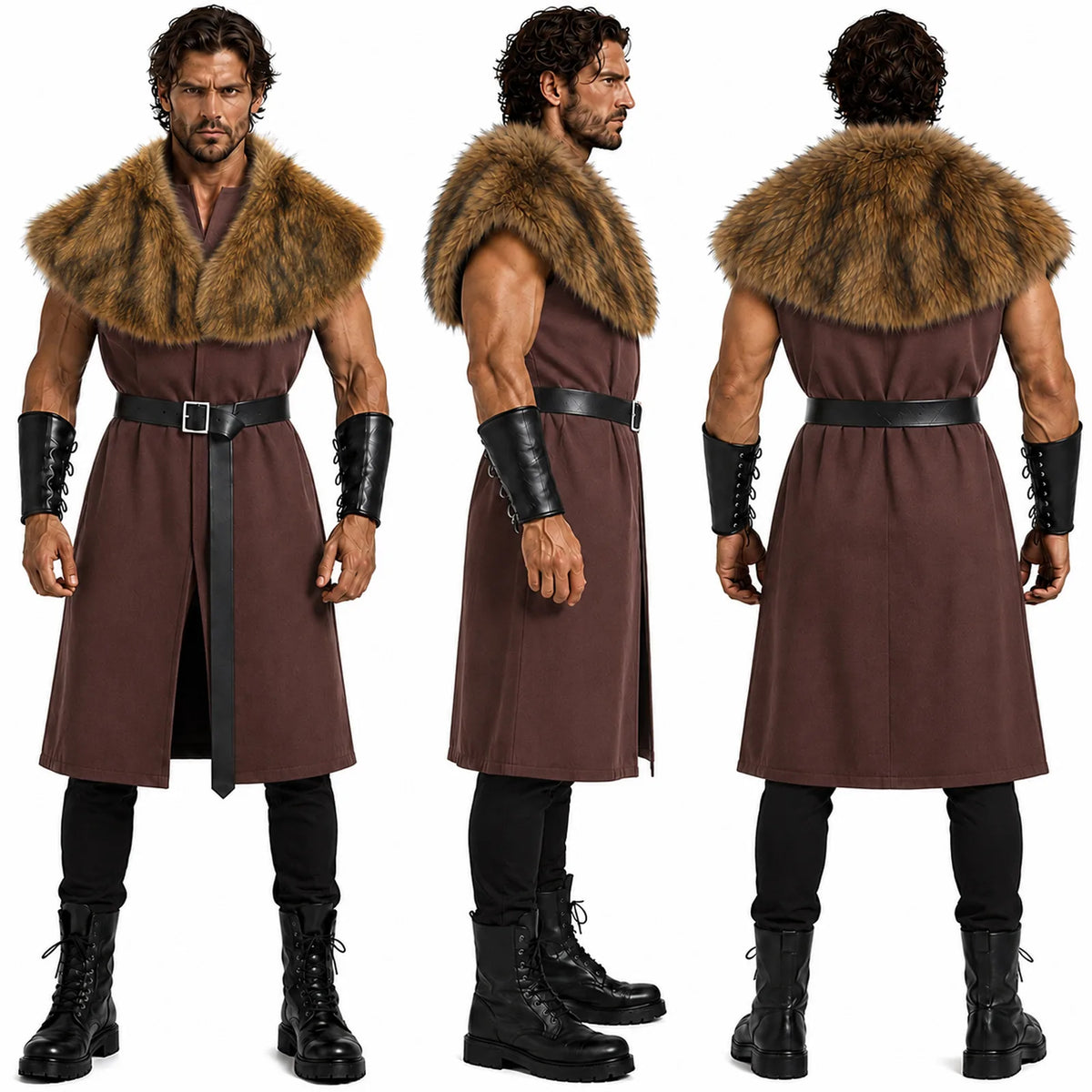 Front, side and back views of burgundy brown Viking tunic costume with fur shoulder shawl, belt and arm guards