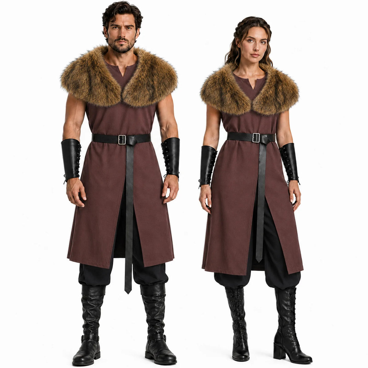 Man and woman wearing burgundy brown Viking tunic with faux fur shawl, black leather belt and lace-up arm guards