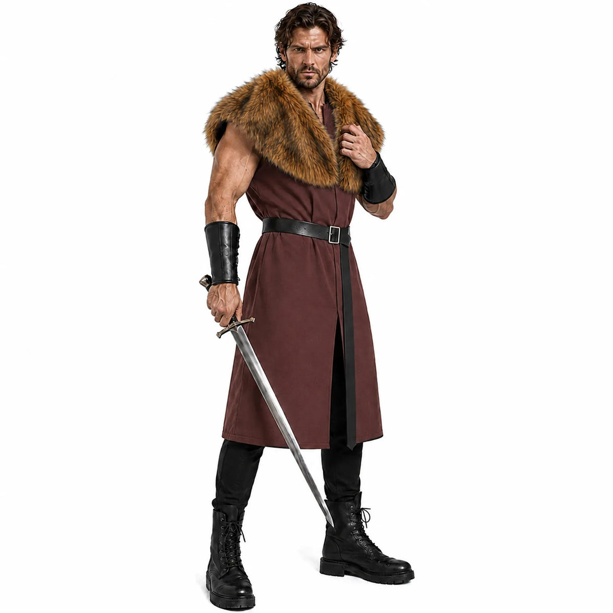 Male model in burgundy brown medieval tunic and fur shawl holding a sword, side pose with belt and bracers