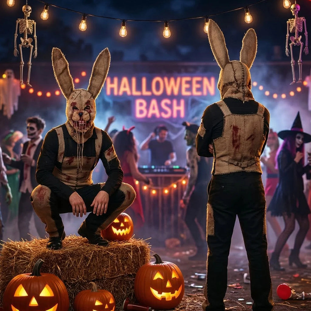 A themed setting presents burlap horror bunny mask Halloween costume scene, with the long ears, distressed burlap, stitched face and exposed teeth clearly visible.
