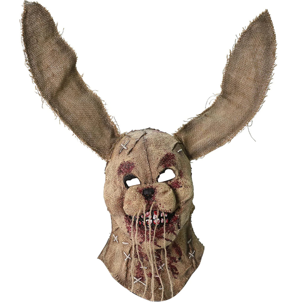 Burlap horror rabbit mask is shown from the front, with the long ears, distressed burlap, stitched face and exposed teeth clearly visible.