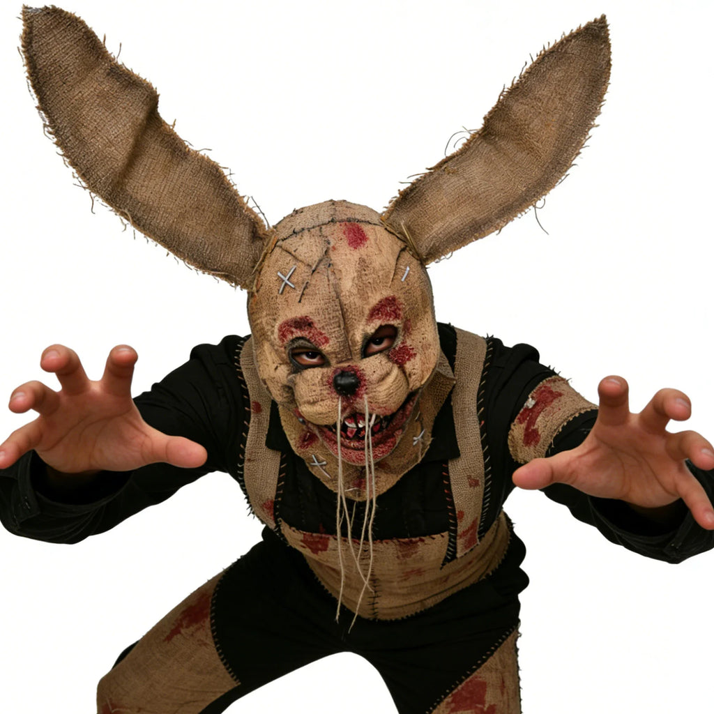 An adult wears the burlap horror rabbit mask in a crouched front pose with the long ears fully visible.