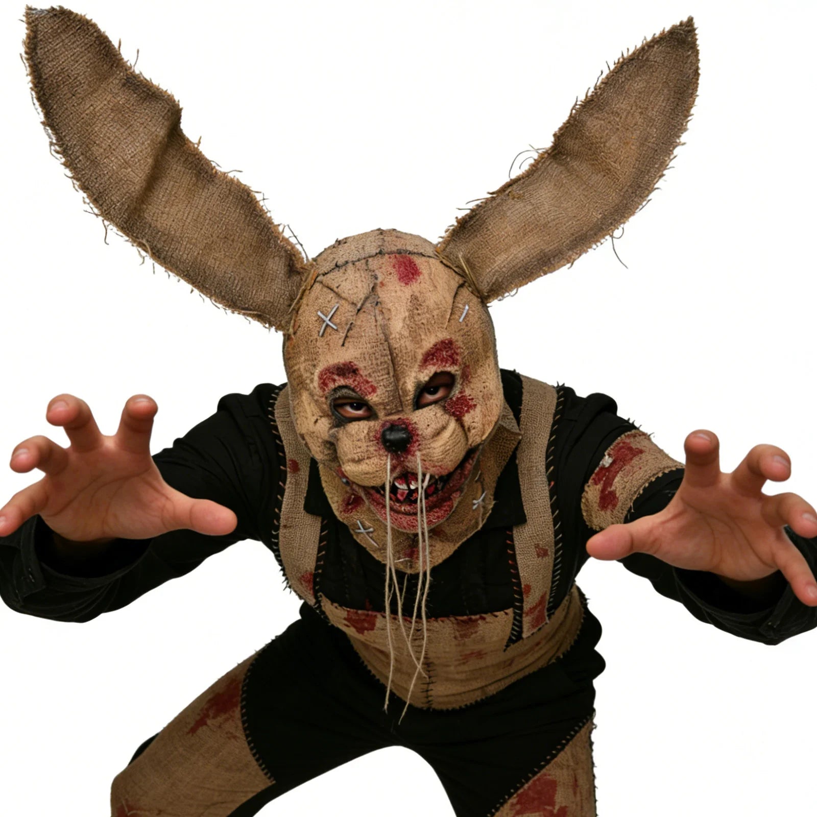 An adult wears the burlap horror rabbit mask in a crouched front pose with the long ears fully visible.