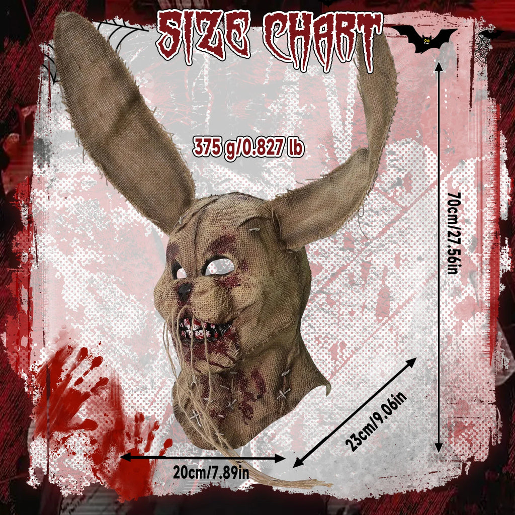 A measurement chart presents burlap rabbit mask dimensions and weight chart, including the visible size information for the burlap horror rabbit mask.