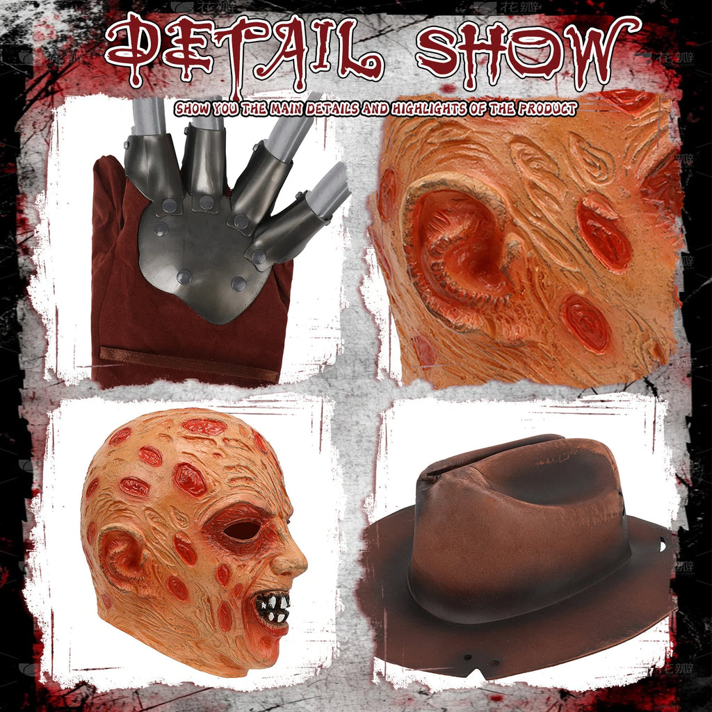 A detail panel presents burned-face mask, claw glove and distressed hat details for the burned horror mask costume set, highlighting the burned-face mask, brown hat and metal-look claw glove.