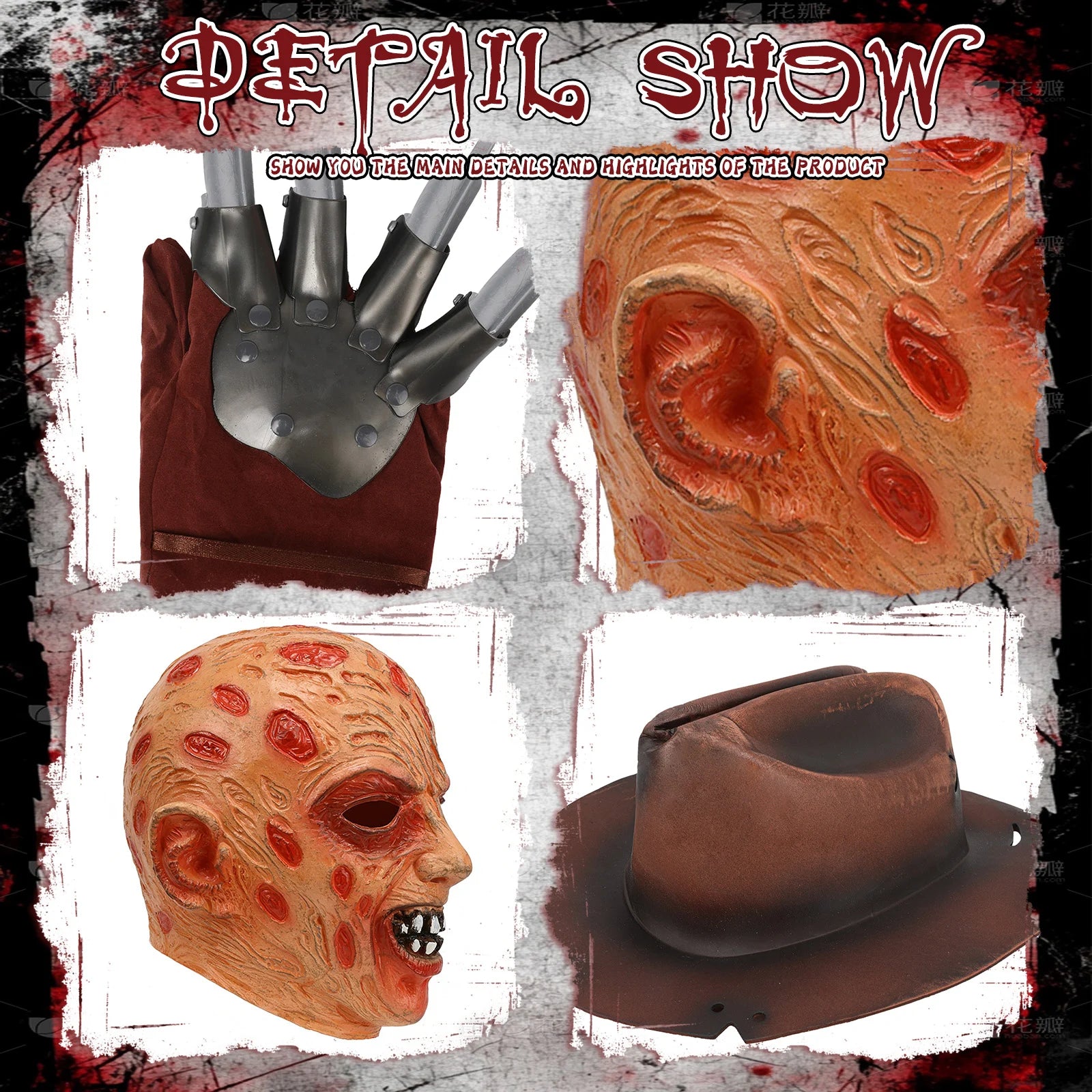A detail panel presents burned-face mask, claw glove and distressed hat details for the burned horror mask costume set, highlighting the burned-face mask, brown hat and metal-look claw glove.