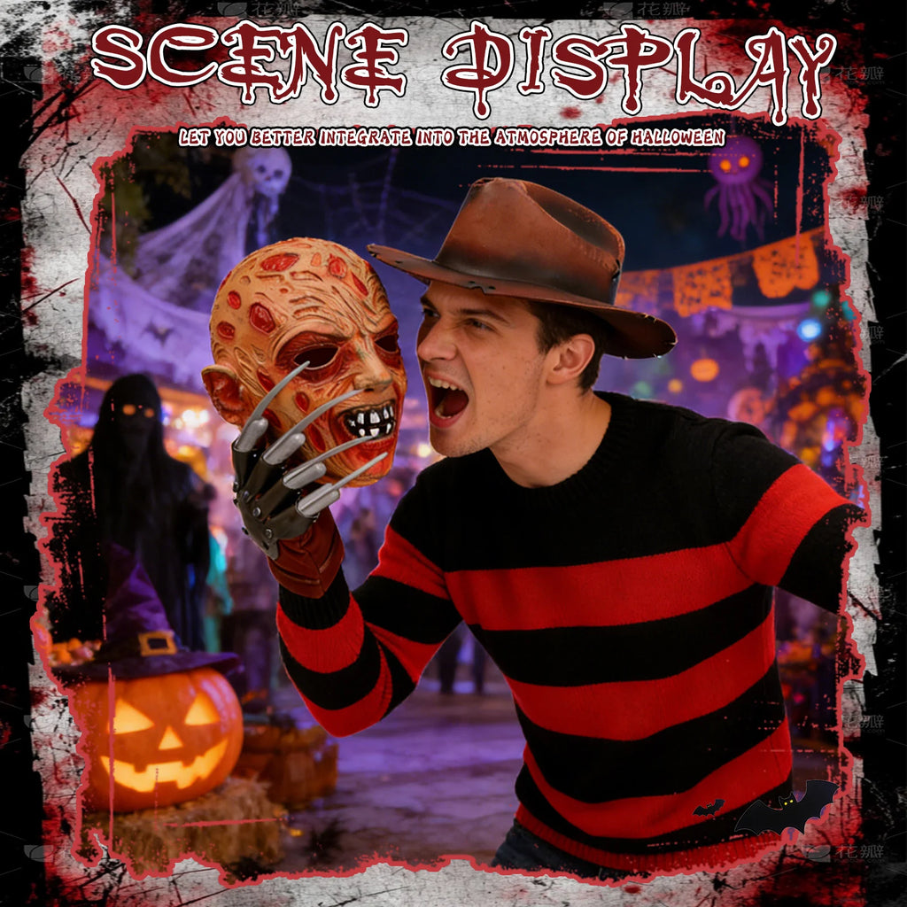 A themed setting presents adult Halloween horror costume set scene display, with the burned-face mask, brown hat and metal-look claw glove clearly visible.