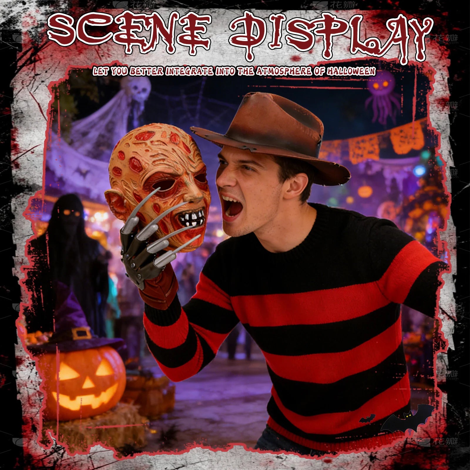 A themed setting presents adult Halloween horror costume set scene display, with the burned-face mask, brown hat and metal-look claw glove clearly visible.