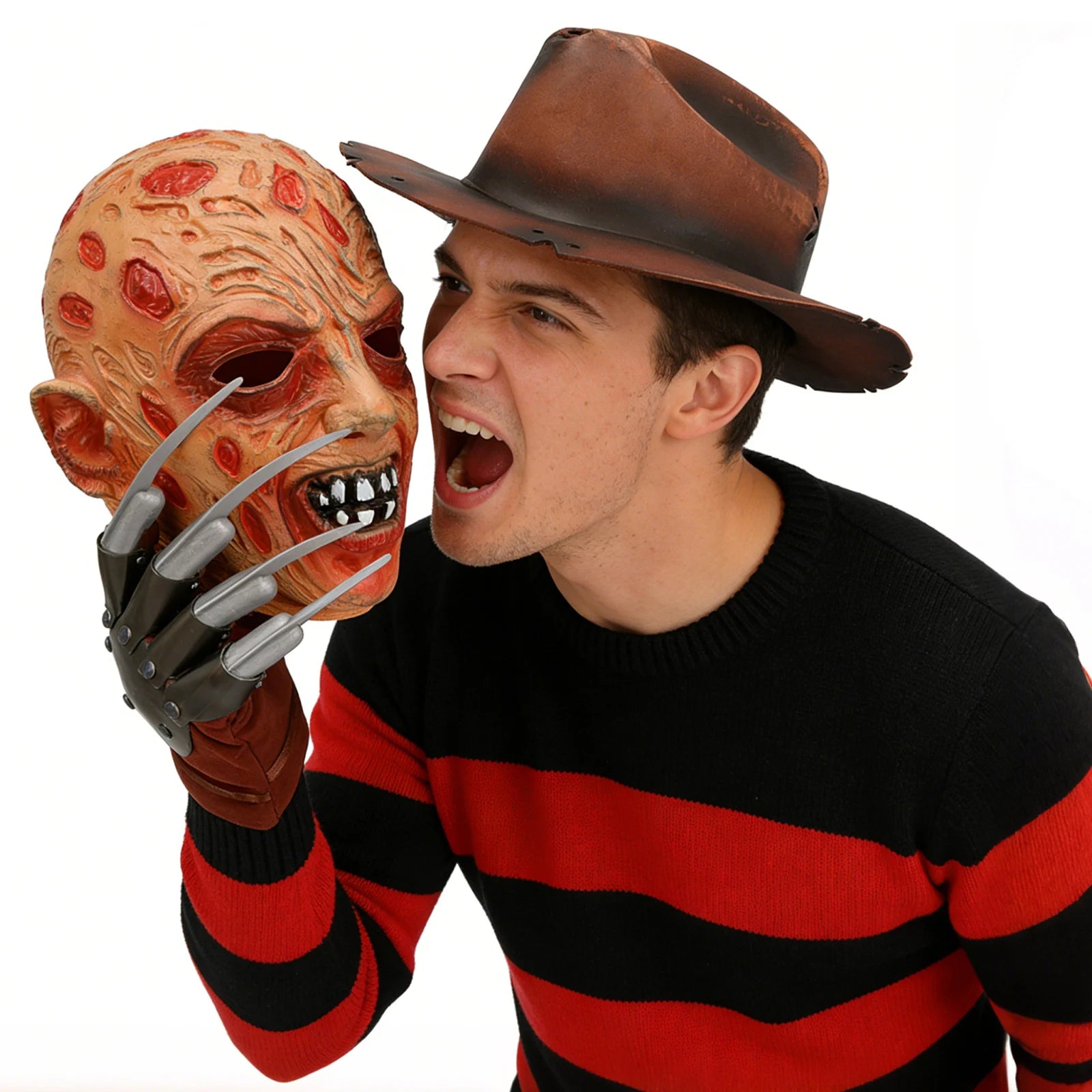 A clear product view presents a three-piece burned horror mask, hat and claw glove set, with the burned-face mask, brown hat and metal-look claw glove clearly visible.