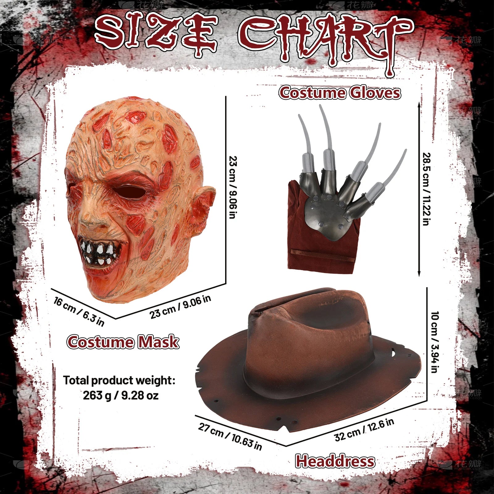 A measurement chart presents three-piece horror mask costume set size guide, including the visible size information for the burned horror mask costume set.