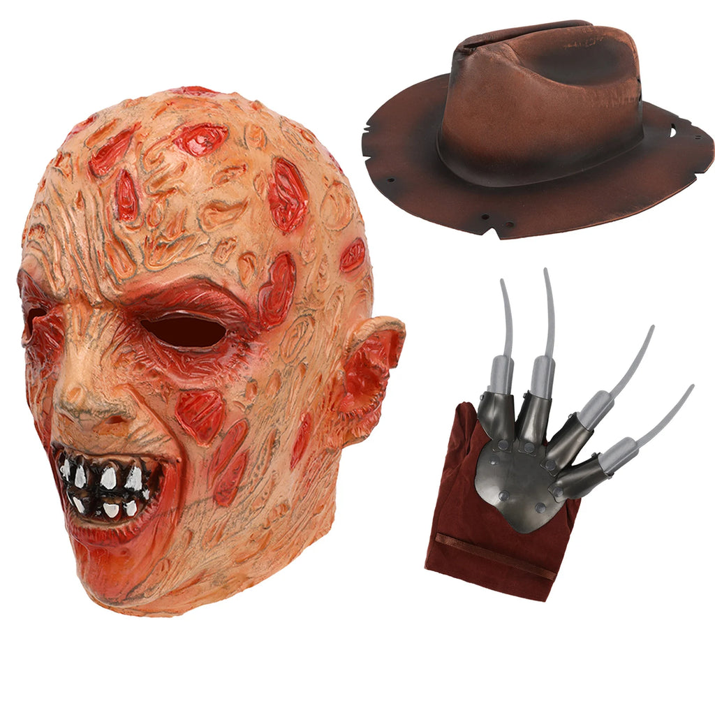 A clear product view presents a burned horror mask costume set with brown hat and claw glove worn by an adult, with the burned-face mask, brown hat and metal-look claw glove clearly visible.