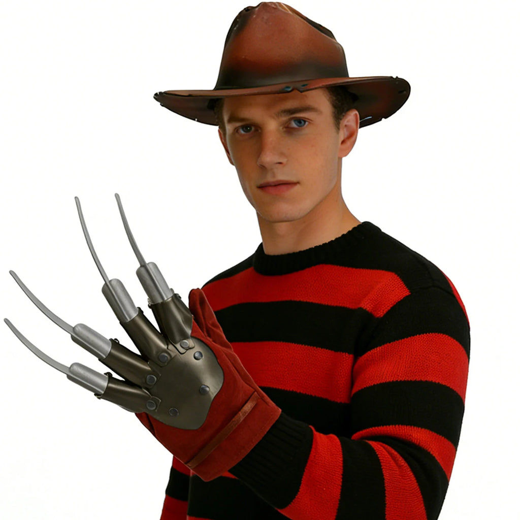 An adult raises the metal-look claw glove from the burned horror mask costume set in a side pose.
