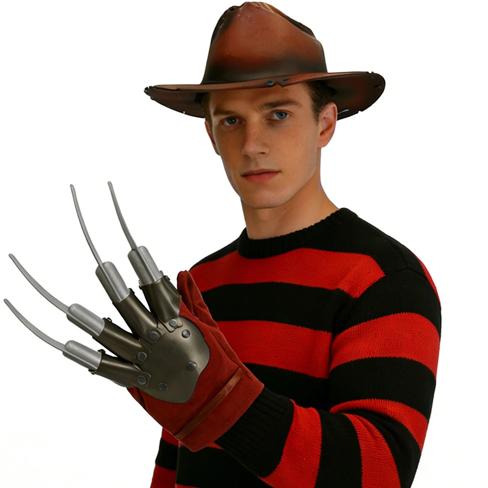 An adult raises the metal-look claw glove from the burned horror mask costume set in a side pose.