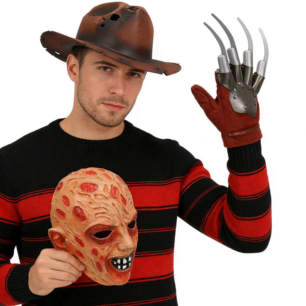 Nightmare-inspired mask costume accessories is shown in side profile, with the burned-face mask, brown hat and metal-look claw glove visible.