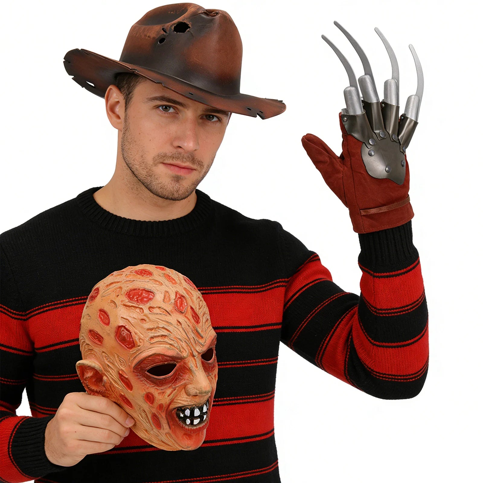 Nightmare-inspired mask costume accessories is shown in side profile, with the burned-face mask, brown hat and metal-look claw glove visible.