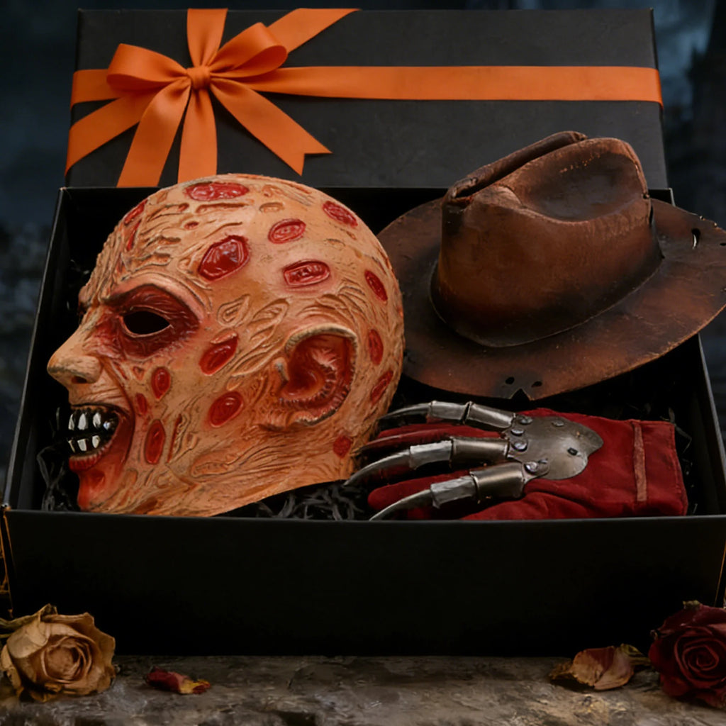 A themed setting presents burned horror mask Halloween party scene, with the burned-face mask, brown hat and metal-look claw glove clearly visible.