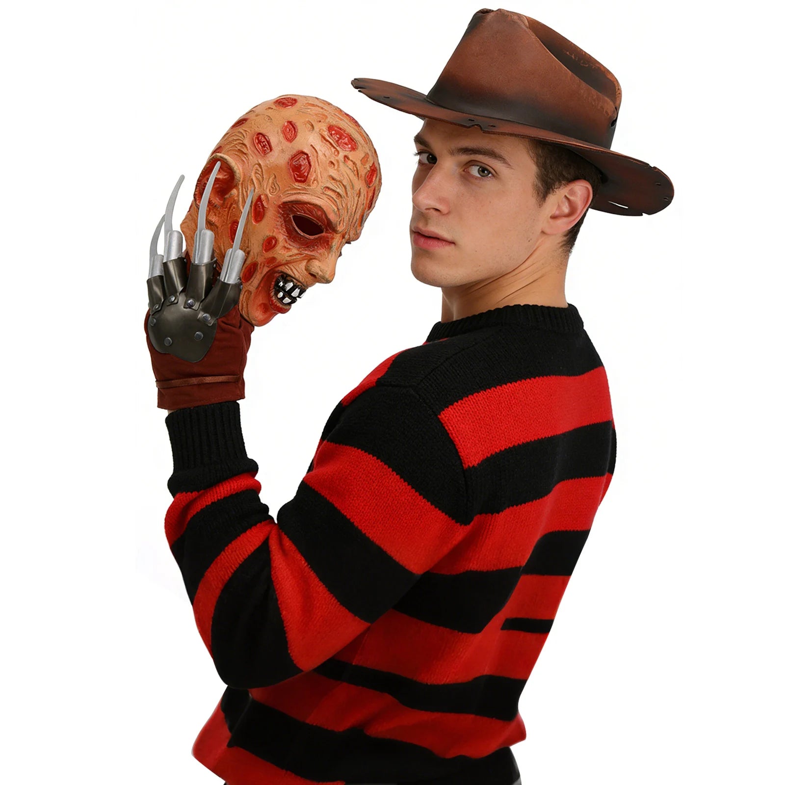 Adult horror mask costume set is shown from a three-quarter angle, highlighting the burned-face mask, brown hat and metal-look claw glove.