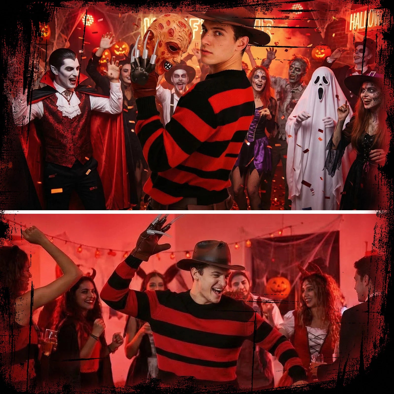 A themed setting presents three-piece horror costume accessory set event scene, with the burned-face mask, brown hat and metal-look claw glove clearly visible.