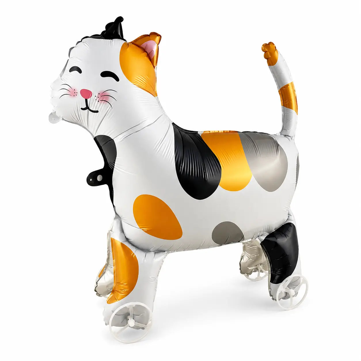 Calico cat walking balloon toy on white background