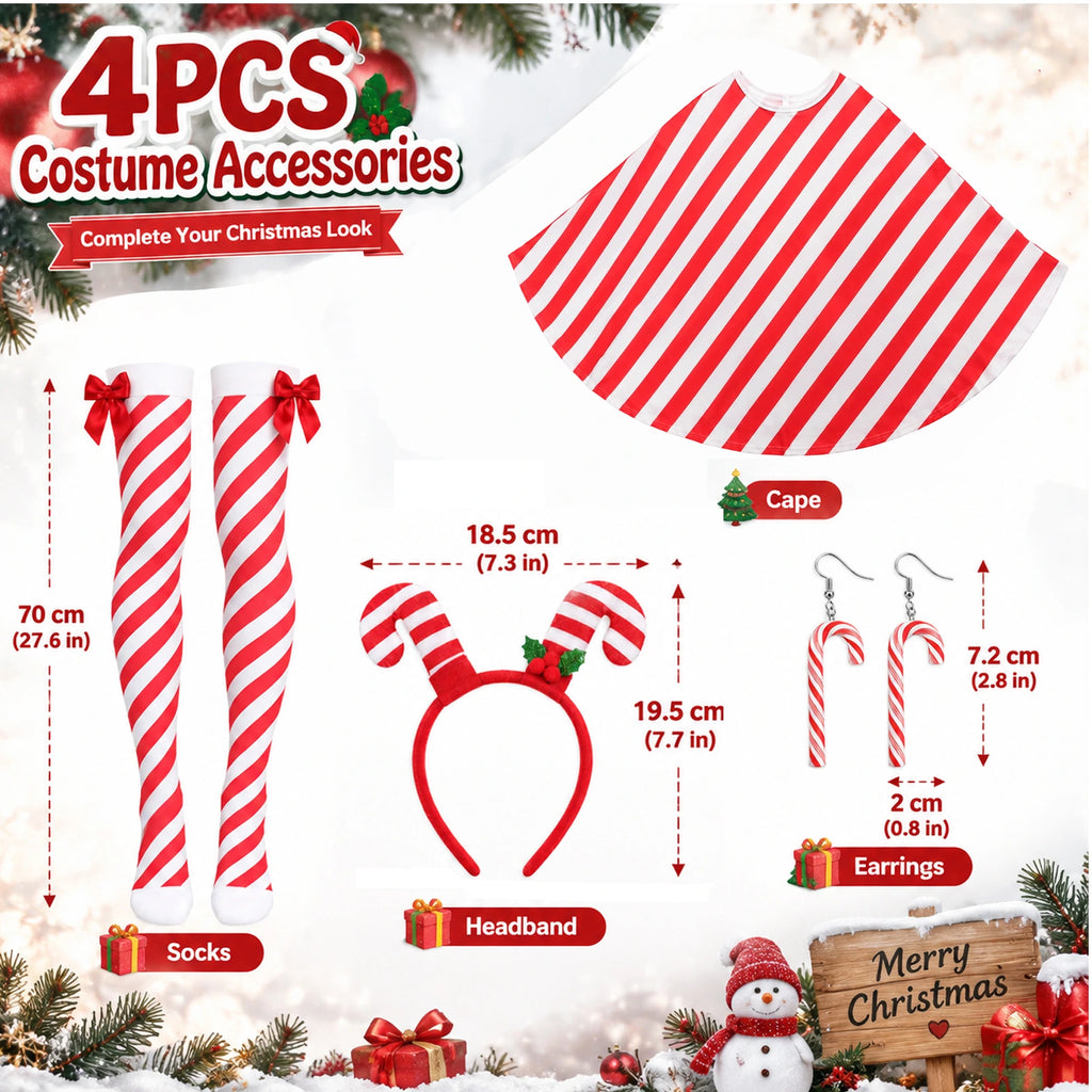 Candy cane costume components with measurements for the striped socks, padded headband and hook earrings.