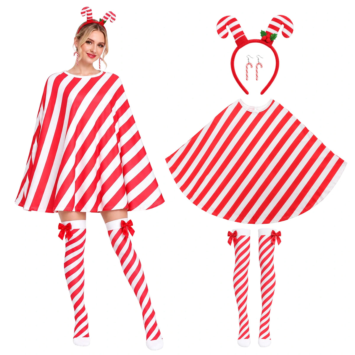 Candy cane costume for women with a striped poncho, headband, hook earrings and matching bow socks.