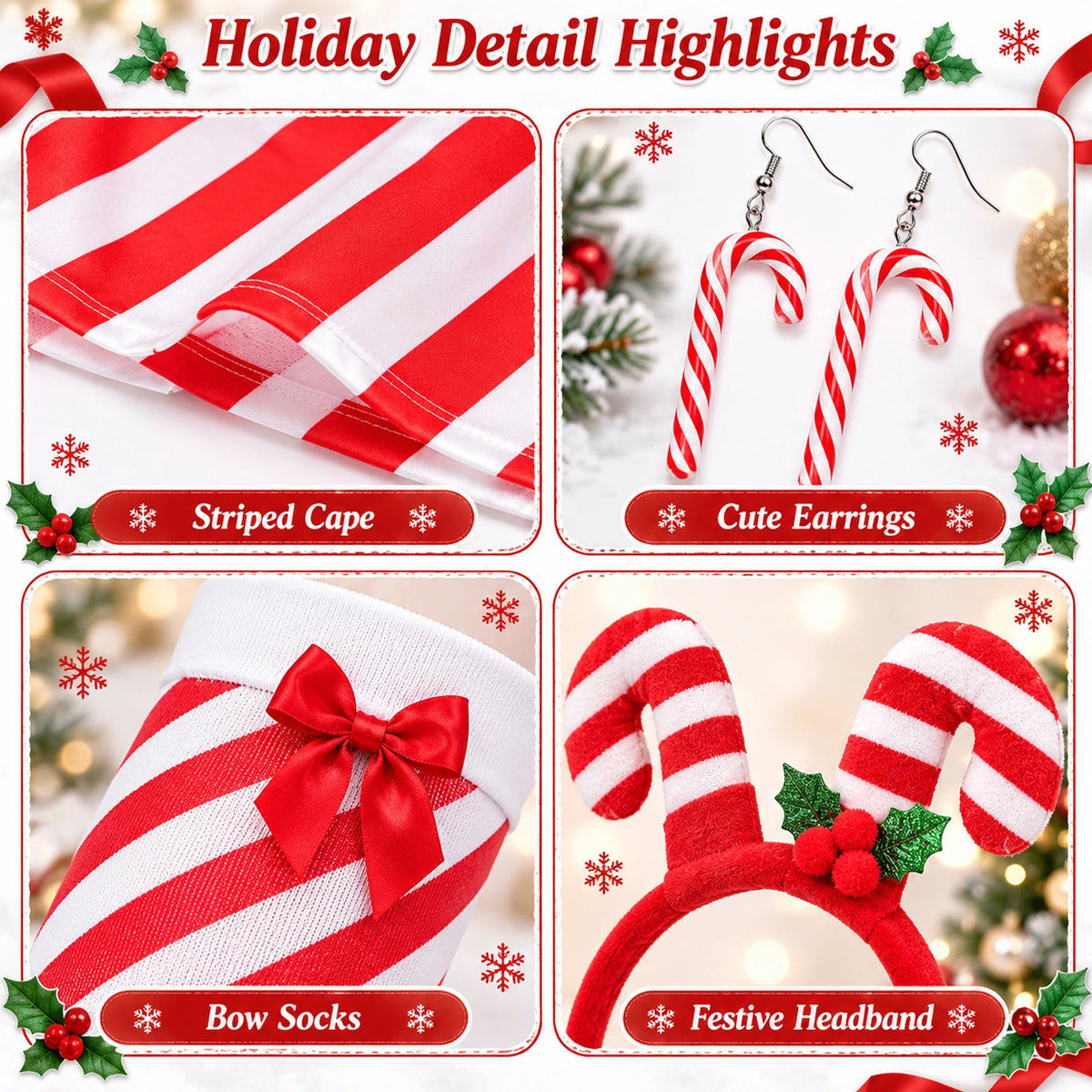 Close views of the striped cape hem, candy cane earrings, bow socks and padded headband decorations.