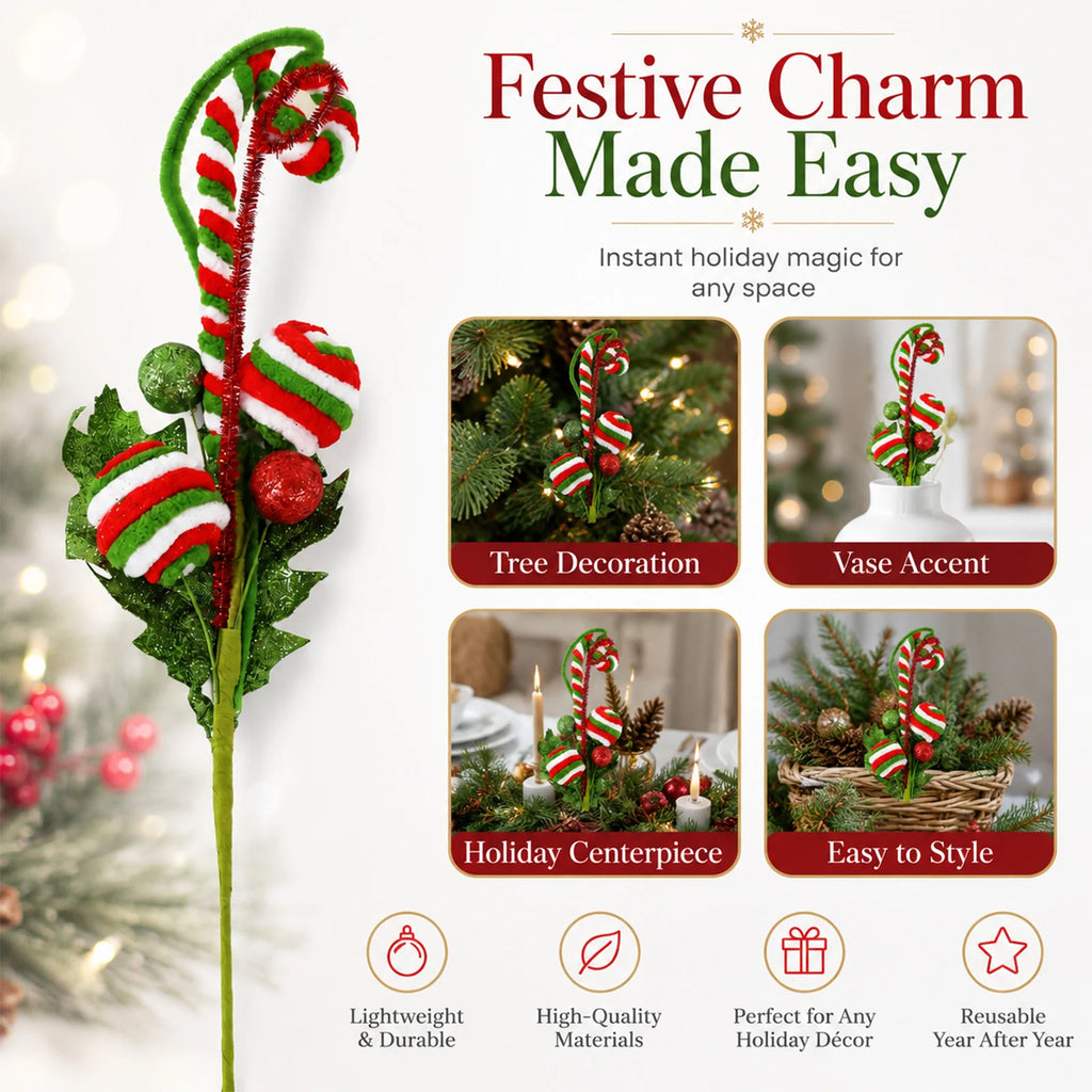 Candy-style picks are shown in tree, vase and centerpiece arrangements; containers and other decorations are not included.