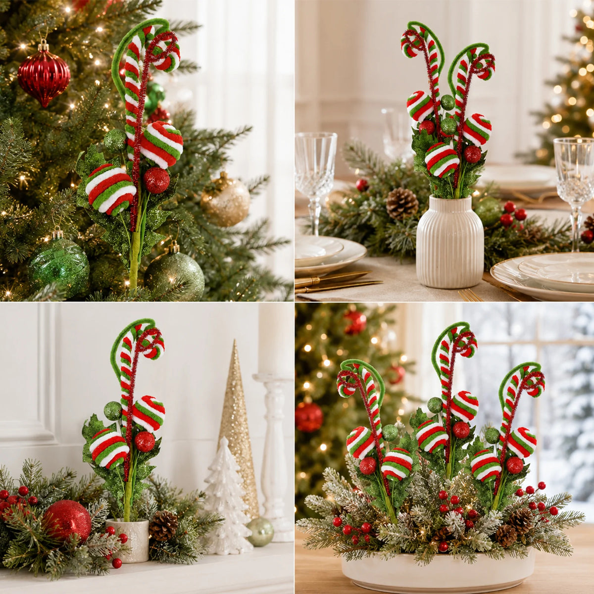 Different indoor tree, vase and table arrangements show styling ideas with candy picks; this offer contains two picks only.