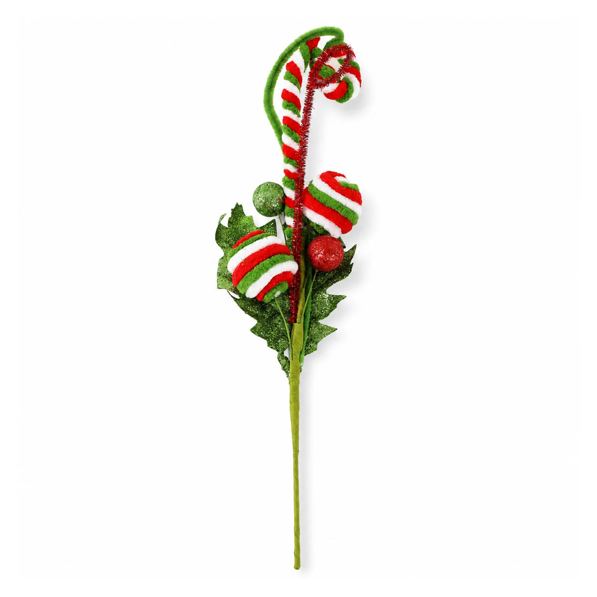 A front view of one pick shows striped plush-look curves, glitter balls and green leaves; the offer is a set of two.