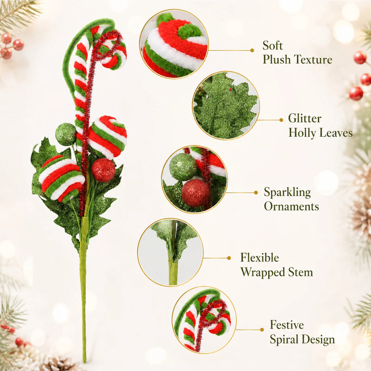 Close-ups show the striped plush-look covering, glitter leaves, small balls and flexible wrapped stem.
