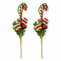 The set includes two red, green and white candy cane-style tree picks with striped curves and glitter leaves.