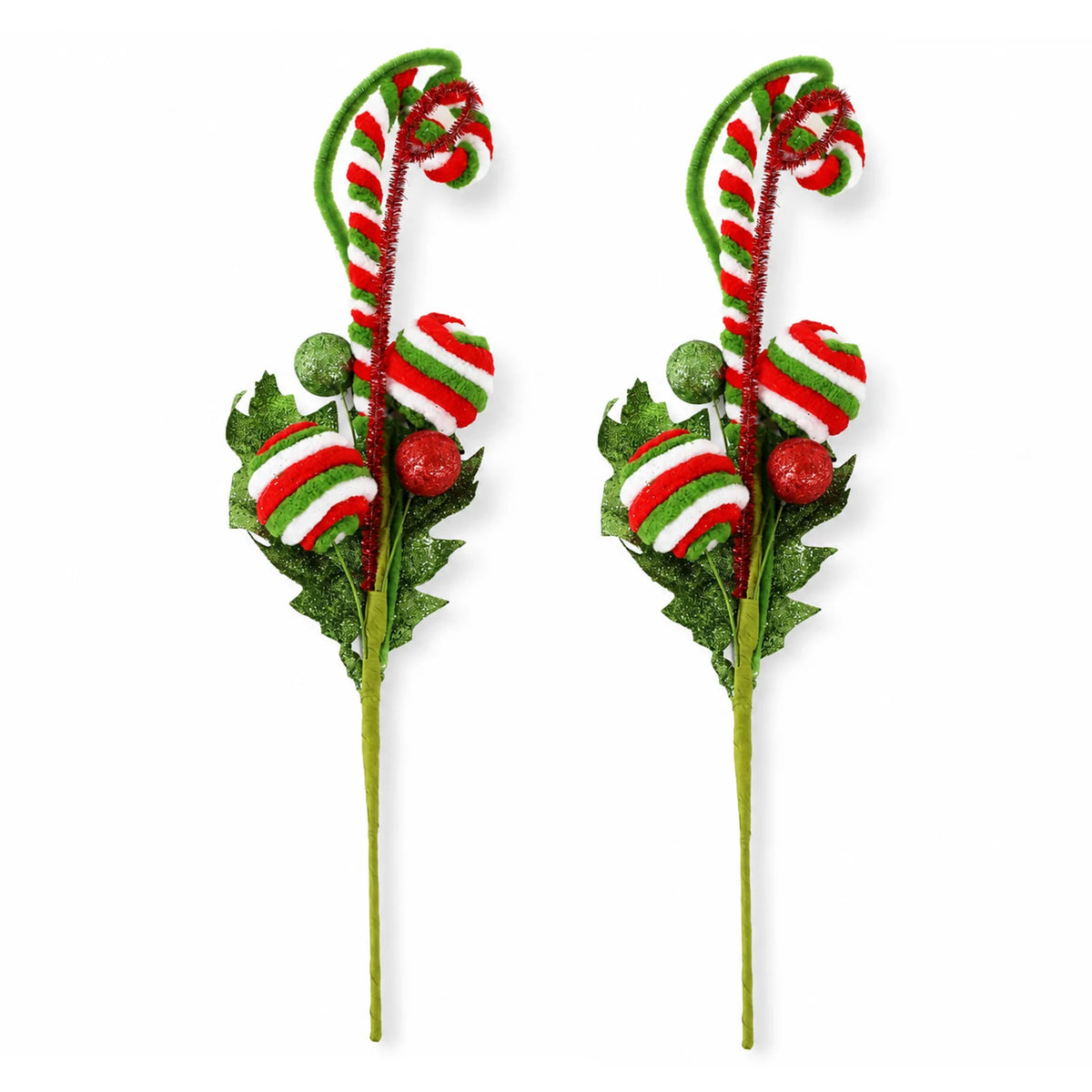 The set includes two red, green and white candy cane-style tree picks with striped curves and glitter leaves.