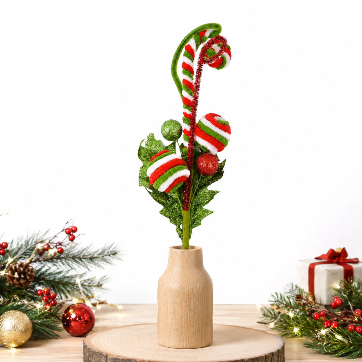 One candy cane-style pick is shown in a wooden vase for styling; two picks are included and the vase is not included.