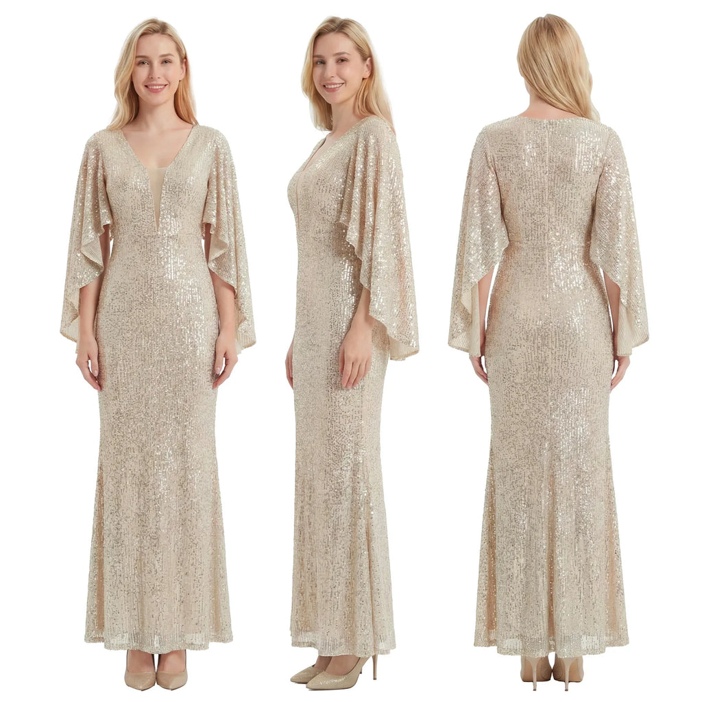 A model shows the back of the silver champagne sequin mermaid gown with cape sleeves against a white background, highlighting its rear silhouette.