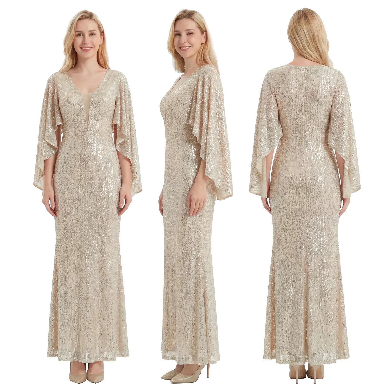 A model shows the back of the silver champagne sequin mermaid gown with cape sleeves against a white background, highlighting its rear silhouette.