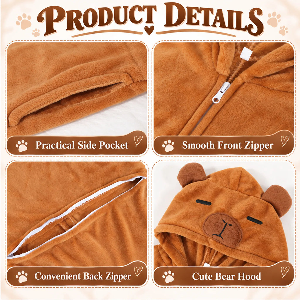 Close-up panels highlight the onesie's side pocket, smooth front zipper, rear zipper flap, and the soft hood with capybara ears.