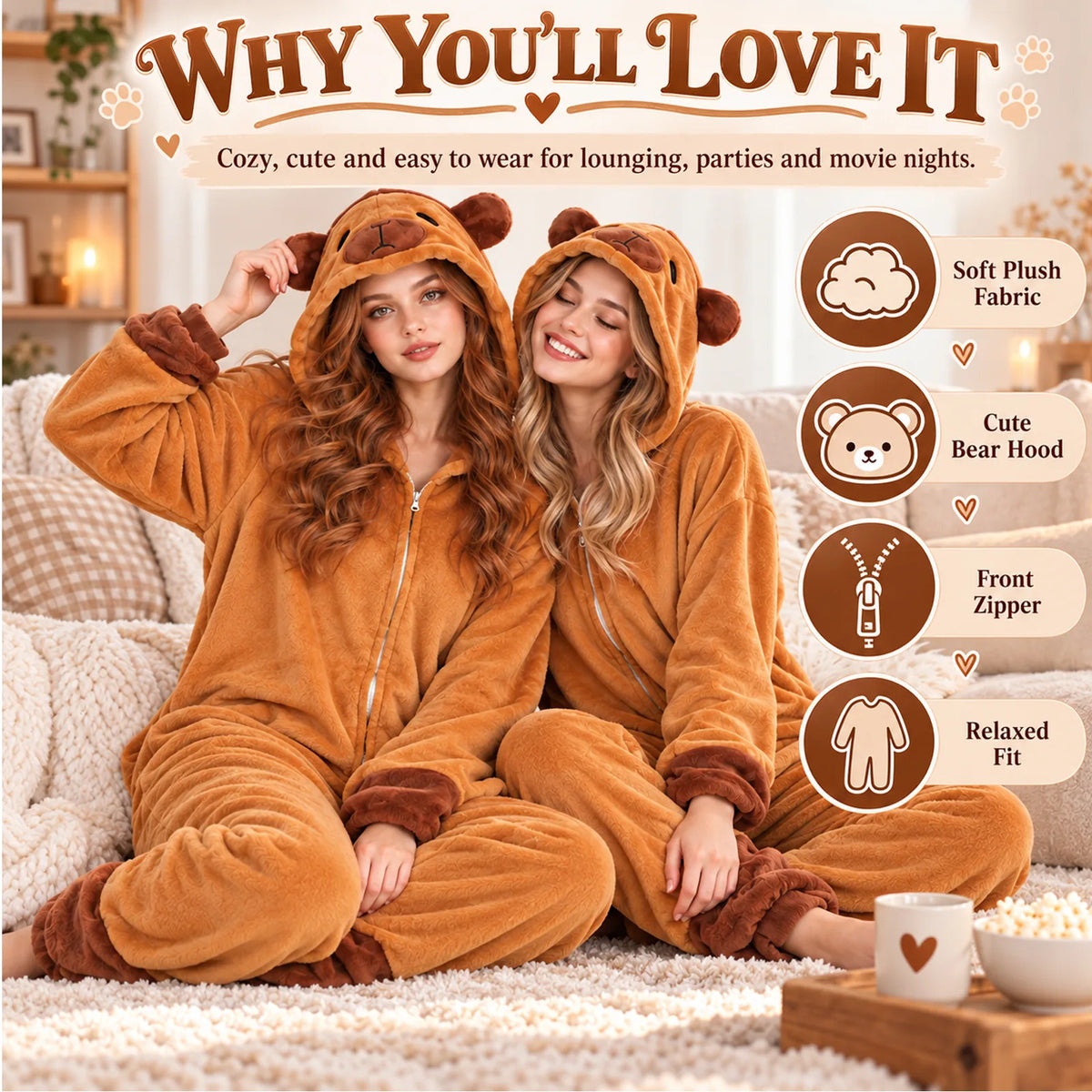 Two models lounge in brown capybara onesies beside four feature callouts highlighting the soft plush fabric, cute bear-style hood, front zipper, and relaxed fit.