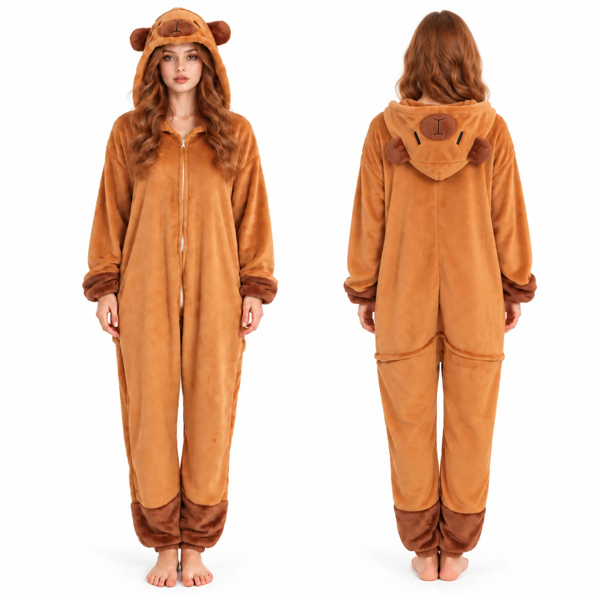 Front and back views of the brown capybara onesie display the full-length zipper in front and the rear zipper flap at the back.