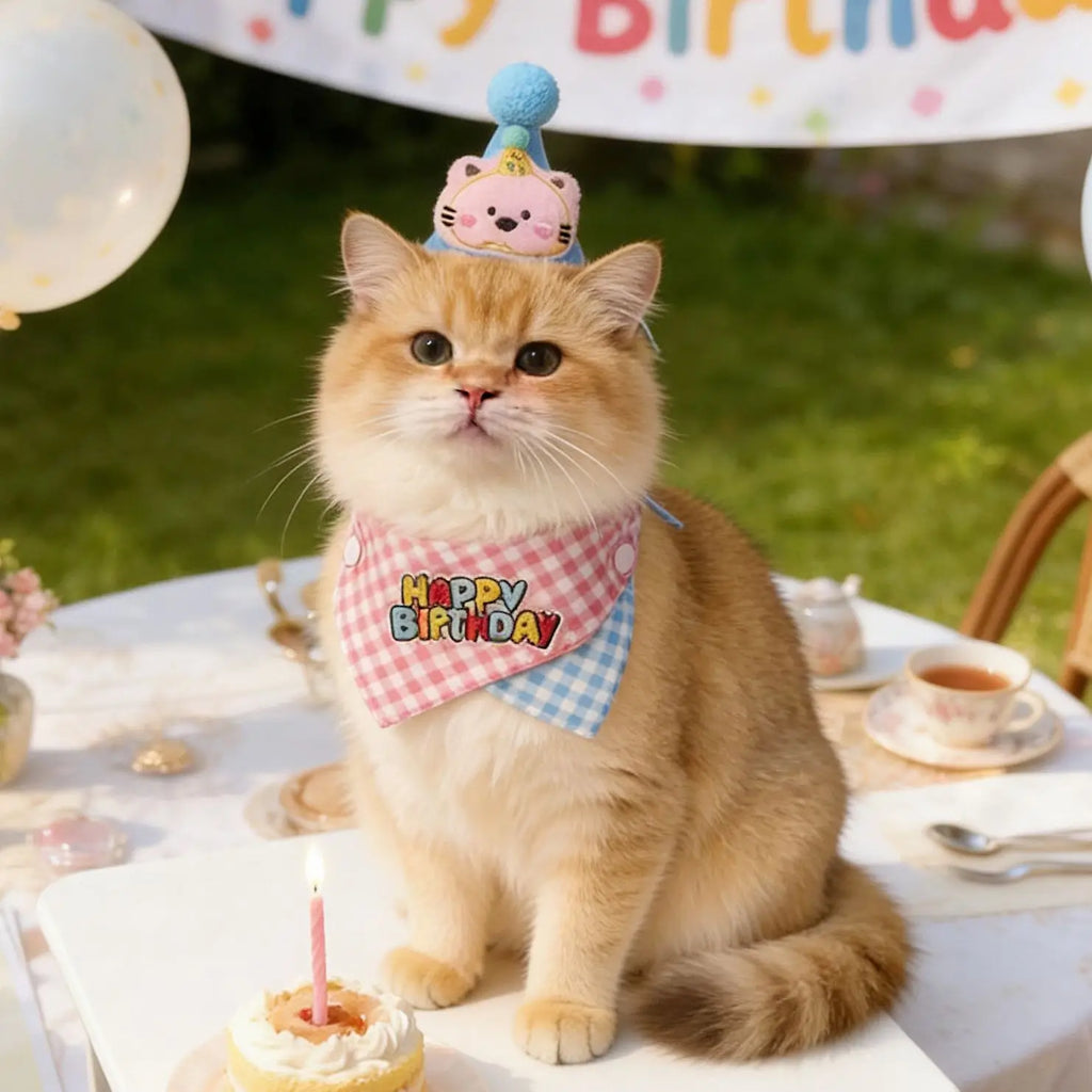 Cat wearing a happy birthday bandana and party hat with birthday cake, balloons, and colorful party banner.