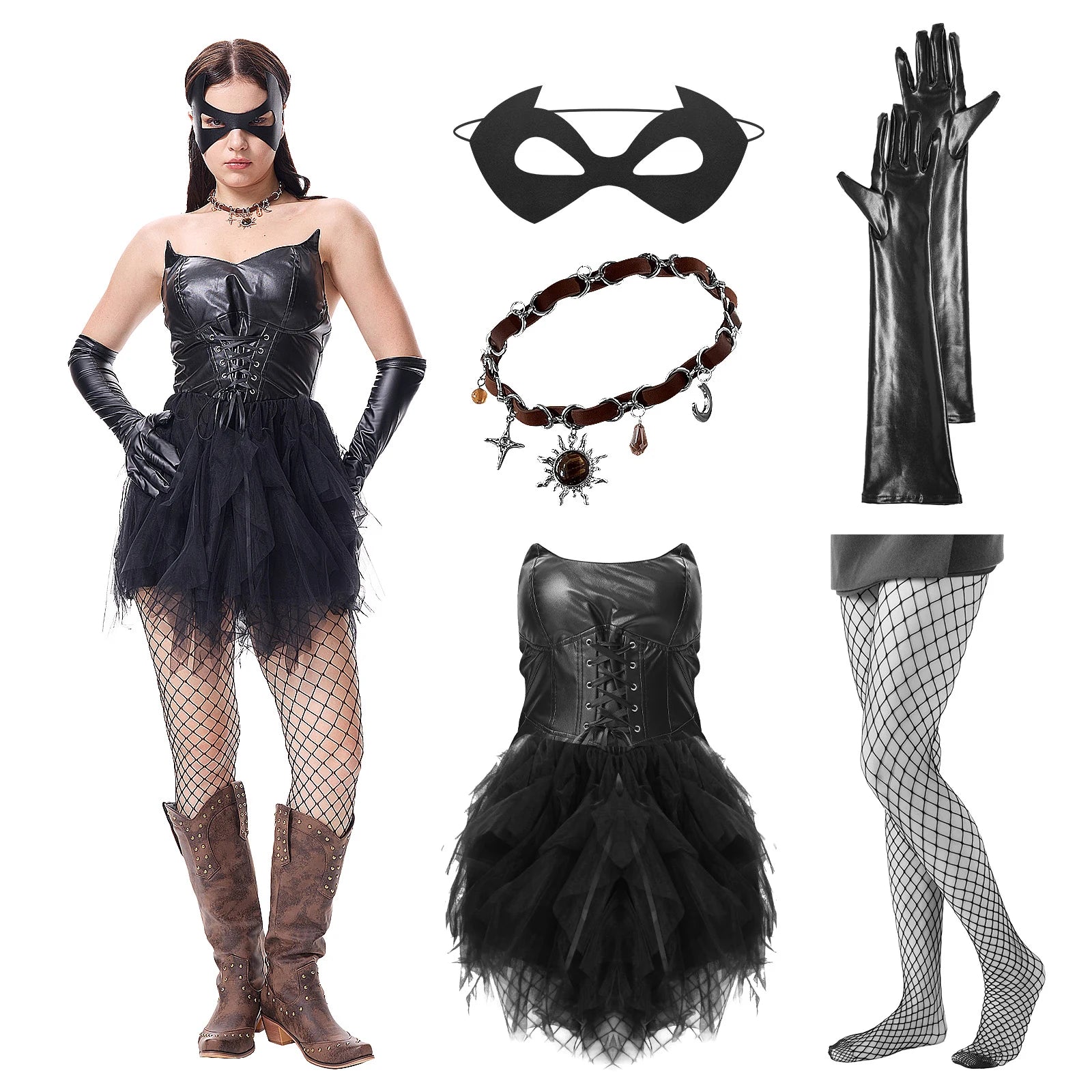 Women's cat costume with tutu skirt, lace-up bodice, mask, gloves, fishnets and necklace