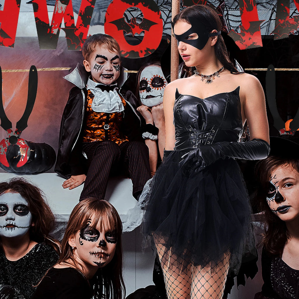 Women's gothic cat costume with layered tulle skirt at a pumpkin party