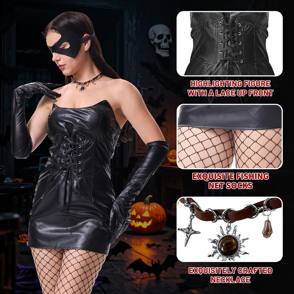 Cat mask costume with black lace-up mini dress and glossy long gloves