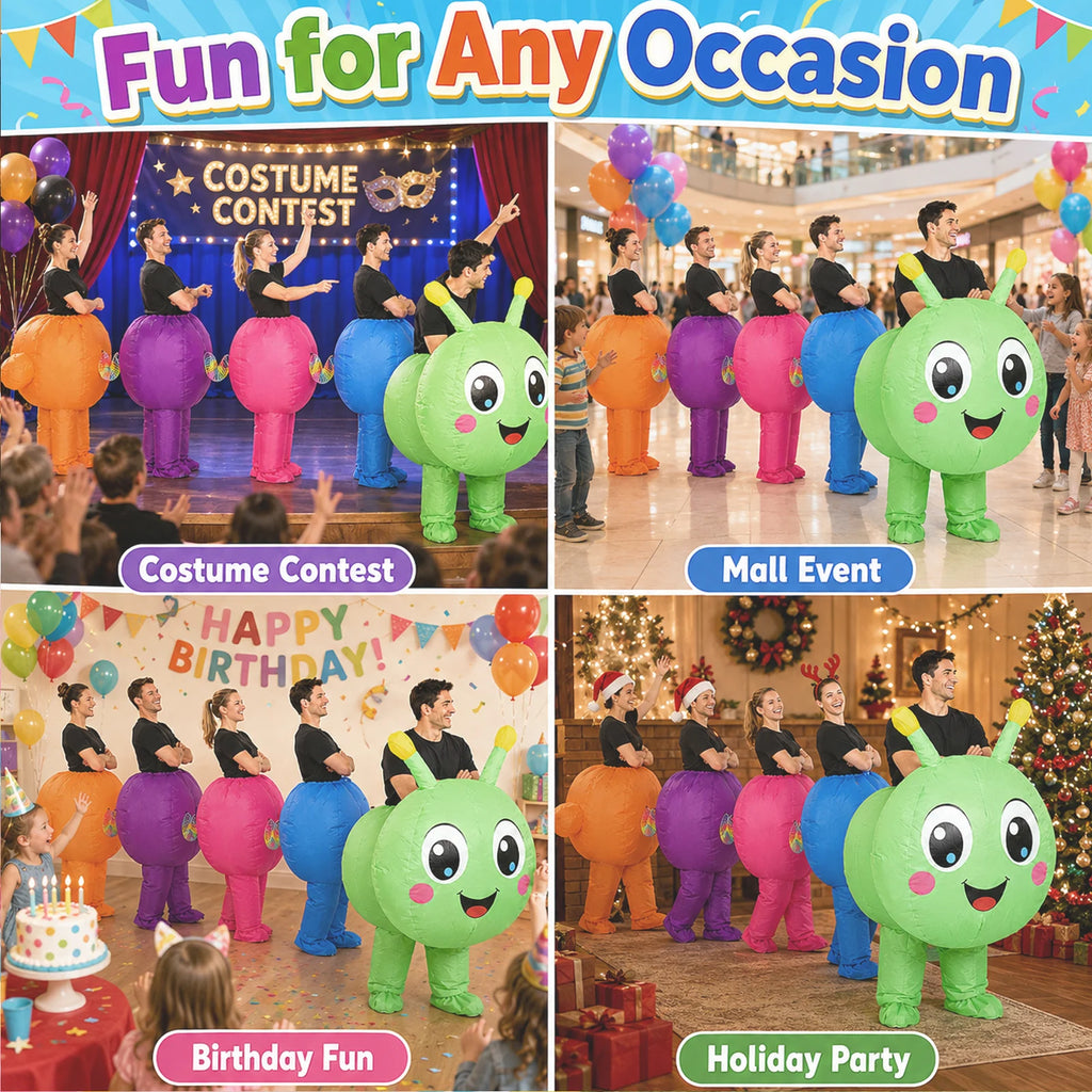 Inflatable caterpillar group costume shown at contests, parties and mall events