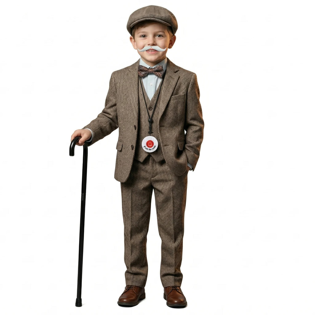 A child holds a black grandma costume cane and help pendant, with the black cane and round push-for-help pendant clearly visible.