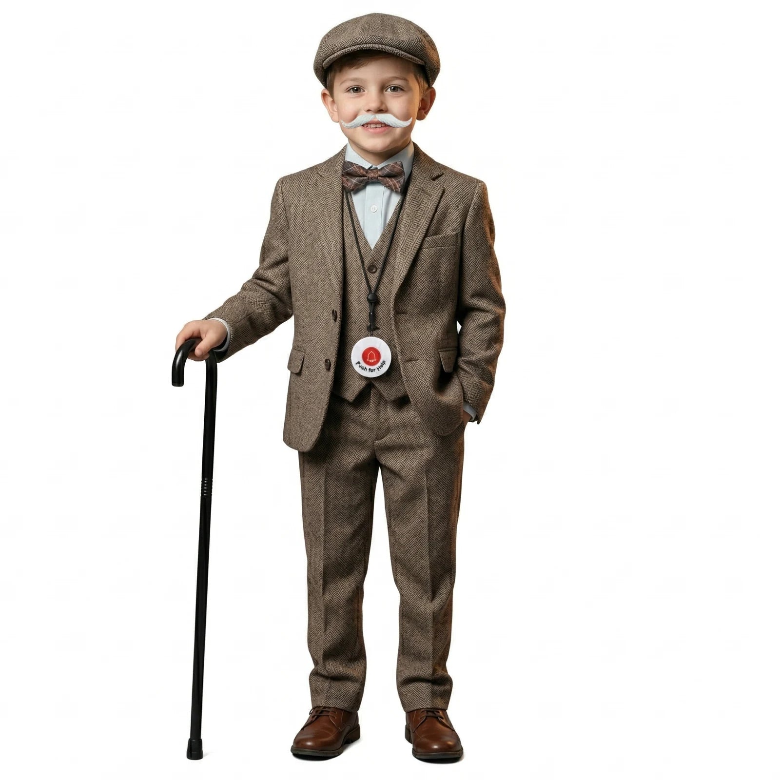A child holds a black grandma costume cane and help pendant, with the black cane and round push-for-help pendant clearly visible.