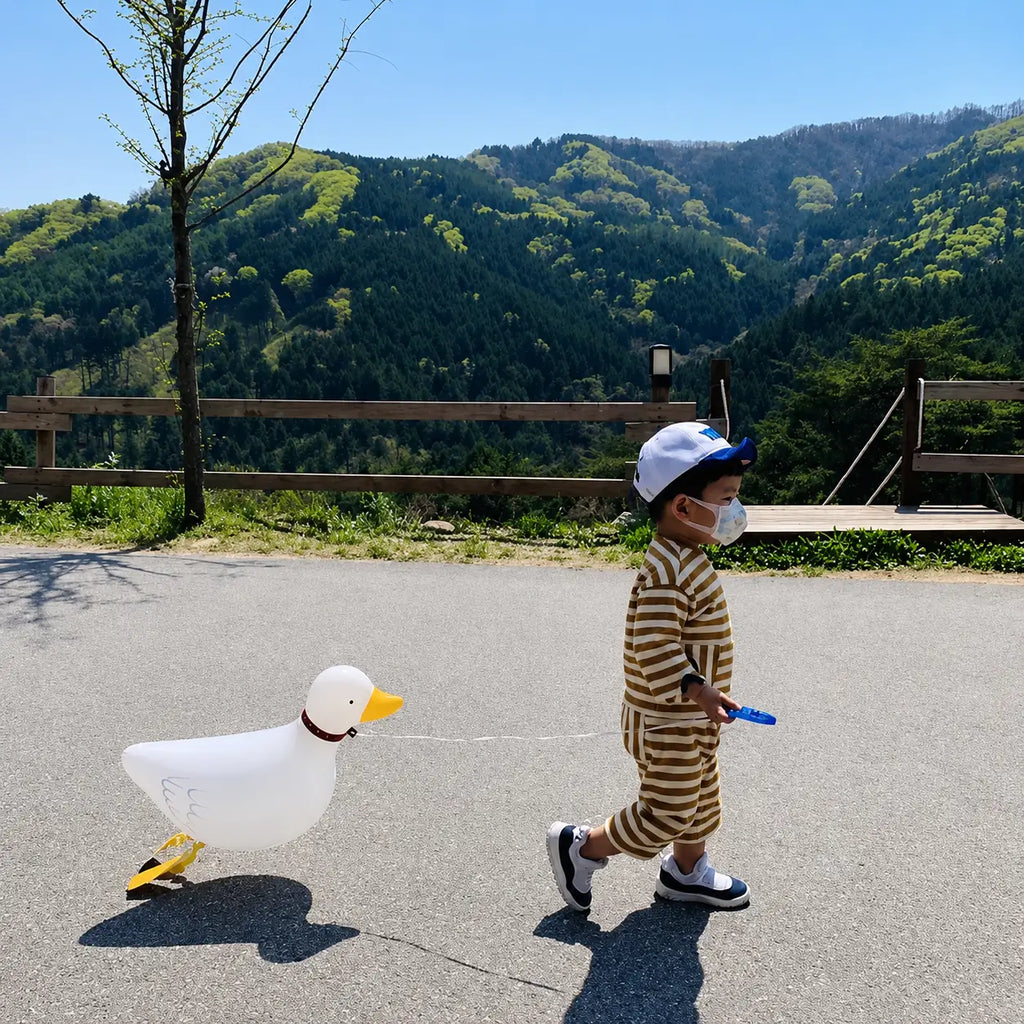 Child walking outdoors with a white duck-shaped foil balloon on a mountain road